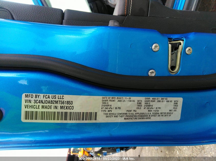 VIN 3C4NJDAB2MT561853 2021 JEEP COMPASS SPORT