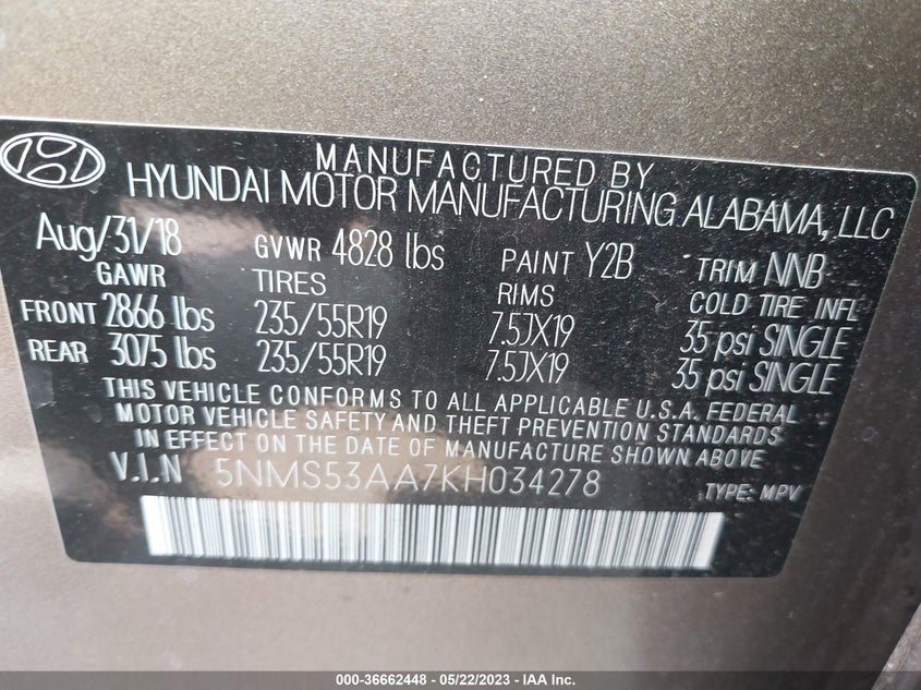 VIN 5NMS53AA7KH034278 2019 HYUNDAI SANTA FE LIMITED