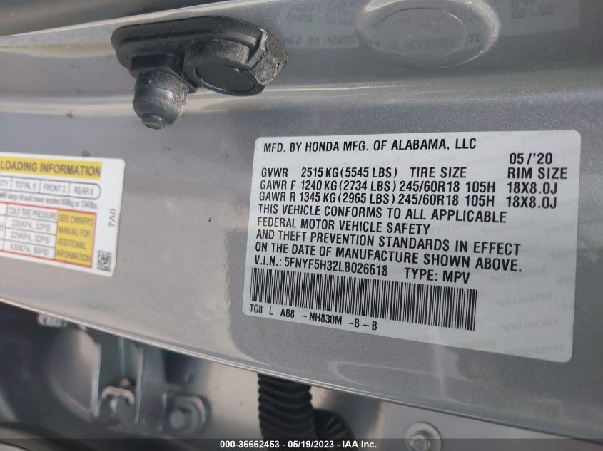 2020 HONDA PILOT EX - 5FNYF5H32LB026618