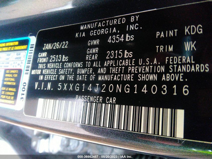 2022 KIA K5 LXS - 5XXG14J20NG140316