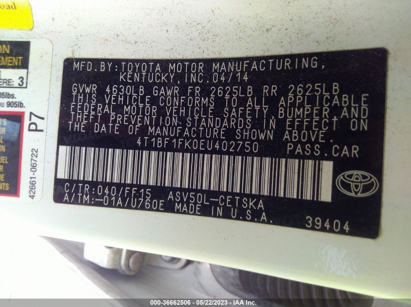 2014 TOYOTA CAMRY L/LE/XLE/SE/SE SPORT - 4T1BF1FK0EU402750
