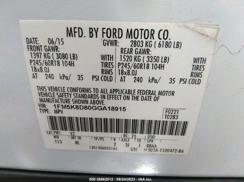 2016 FORD EXPLORER XLT - 1FM5K8D80GGA18915