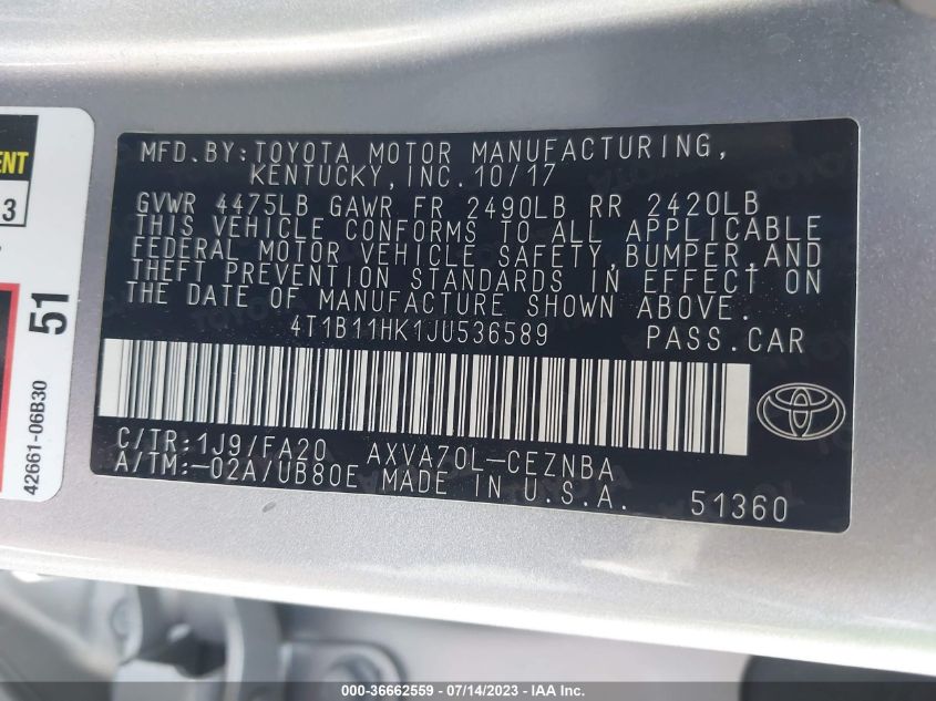 2018 TOYOTA CAMRY LE/SE/XLE/L - 4T1B11HK1JU536589