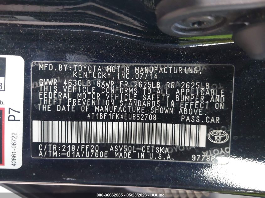 2014 TOYOTA CAMRY L/LE/XLE/SE/SE SPORT - 4T1BF1FK4EU852708