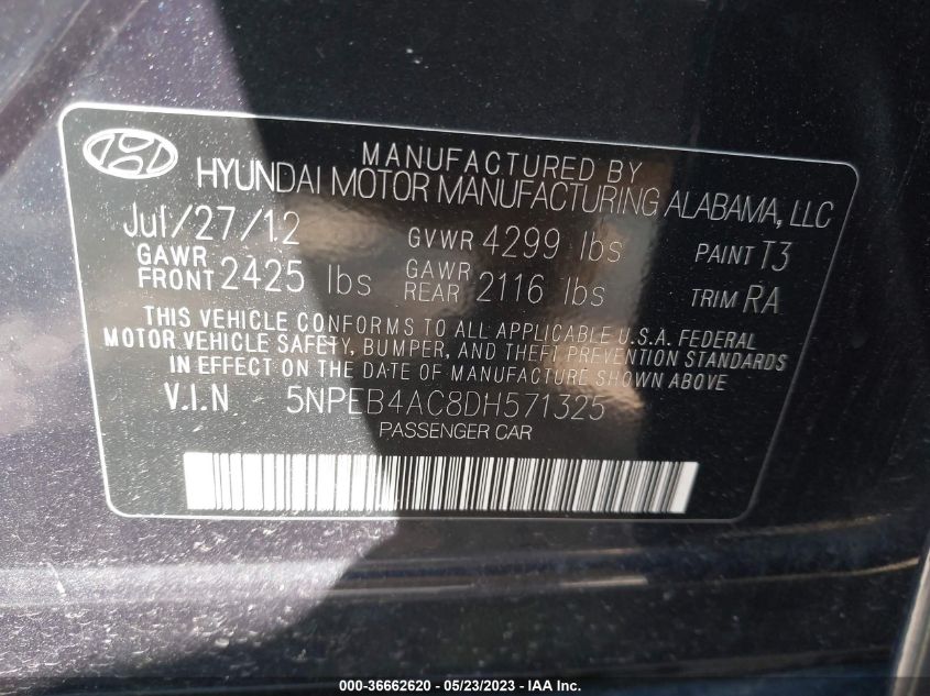 VIN 5NPEB4AC8DH571325 2013 HYUNDAI SONATA no.9