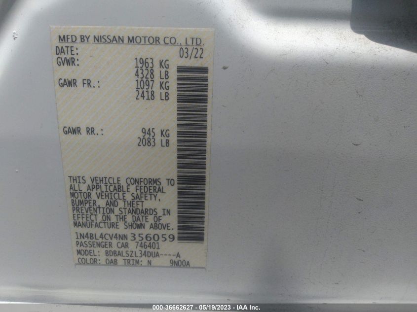 2022 NISSAN ALTIMA 2.5 SR - 1N4BL4CV4NN356059
