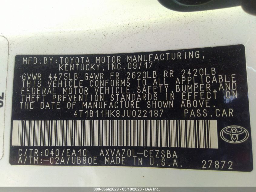 2018 TOYOTA CAMRY LE/SE/XLE/L - 4T1B11HK8JU022187