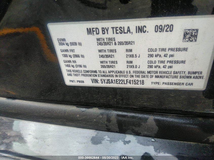 VIN 5YJSA1E22LF415218 2020 TESLA MODEL S LONG RANGE