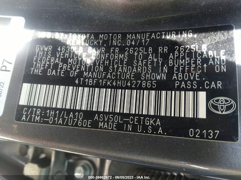2017 TOYOTA CAMRY XLE/SE/LE/XSE - 4T1BF1FK4HU427865