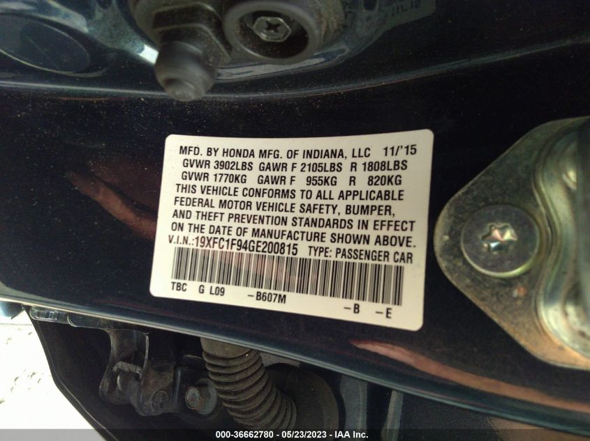 2016 HONDA CIVIC SEDAN TOURING - 19XFC1F94GE200815