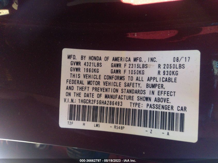 2017 HONDA ACCORD SEDAN SPORT - 1HGCR2F56HA286493