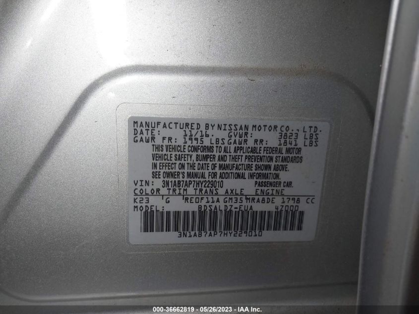 2017 NISSAN SENTRA SV - 3N1AB7AP7HY229010