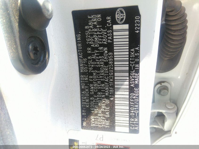 2016 TOYOTA CAMRY XLE/SE/LE/XSE - 4T1BF1FK2GU258959