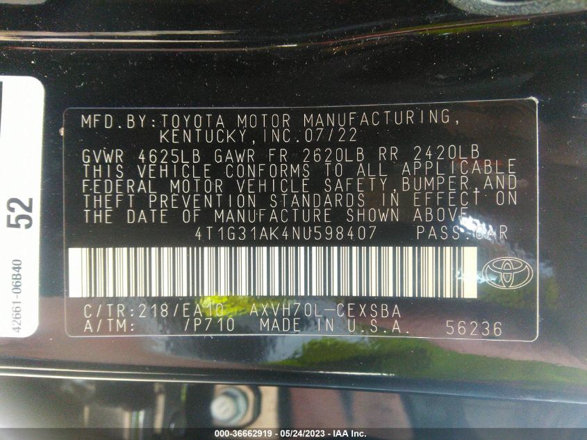 2022 TOYOTA CAMRY HYBRID - 4T1G31AK4NU598407