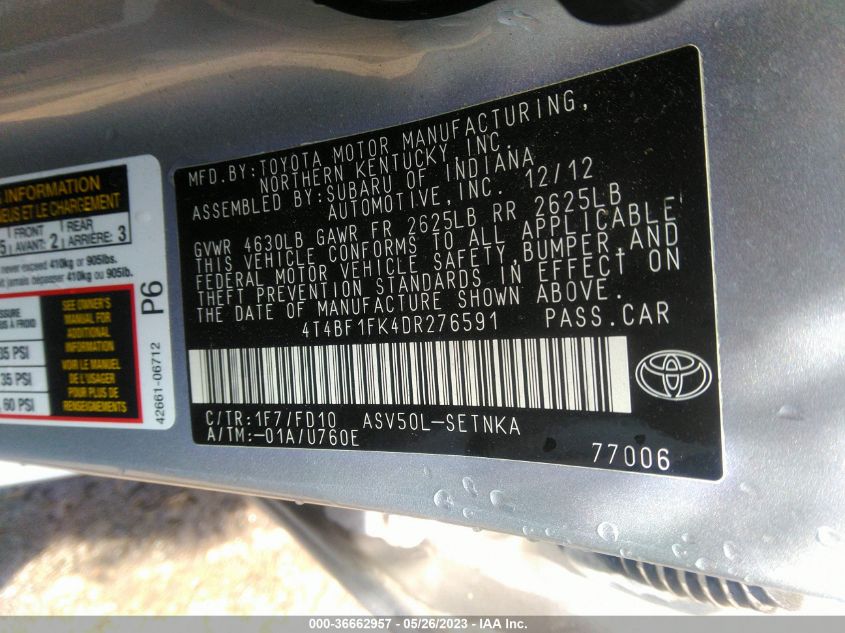 2013 TOYOTA CAMRY L/LE/SE/XLE - 4T4BF1FK4DR276591