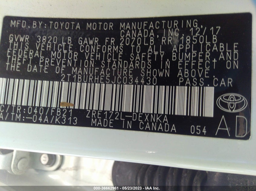 VIN 2T1BURHE5JC034430 2018 TOYOTA COROLLA LE