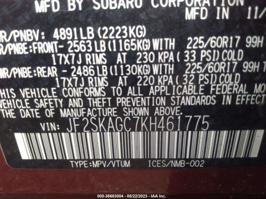 2019 SUBARU FORESTER PREMIUM - JF2SKAGC7KH461775