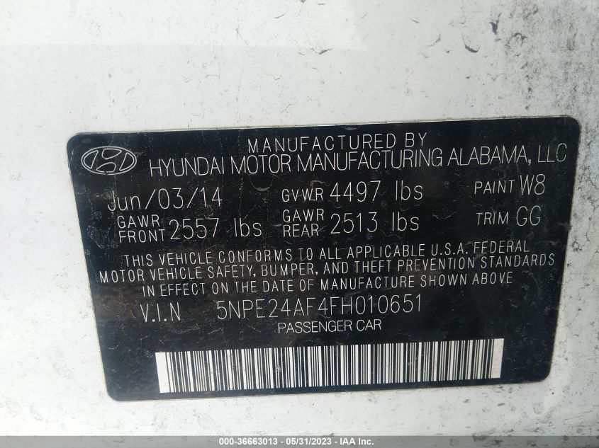 2015 HYUNDAI SONATA 2.4L SE - 5NPE24AF4FH010651