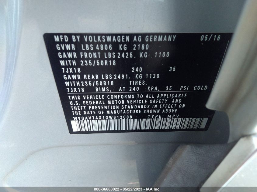 2016 VOLKSWAGEN TIGUAN SE - WVGAV7AX1GW612088