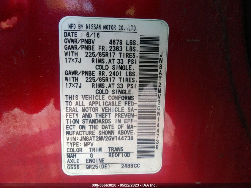2016 NISSAN ROGUE S - JN8AT2MV2GW144738