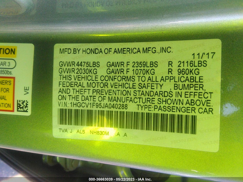 VIN 1HGCV1F95JA040288 2018 HONDA ACCORD SEDAN TOURING 1.5T