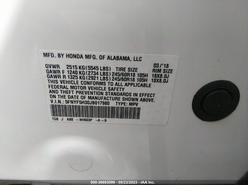 2018 HONDA PILOT EX - 5FNYF5H30JB017980