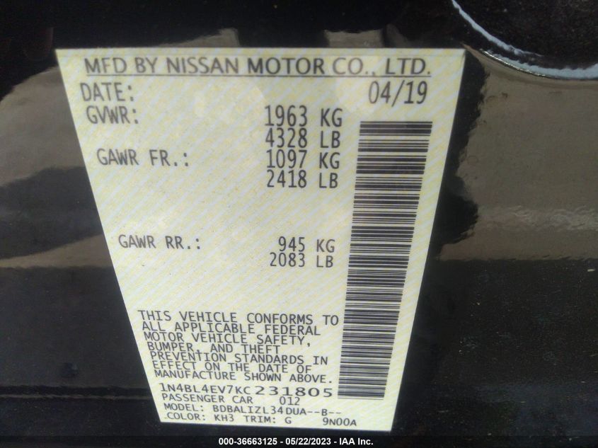 2019 NISSAN ALTIMA 2.5 SL - 1N4BL4EV7KC231805