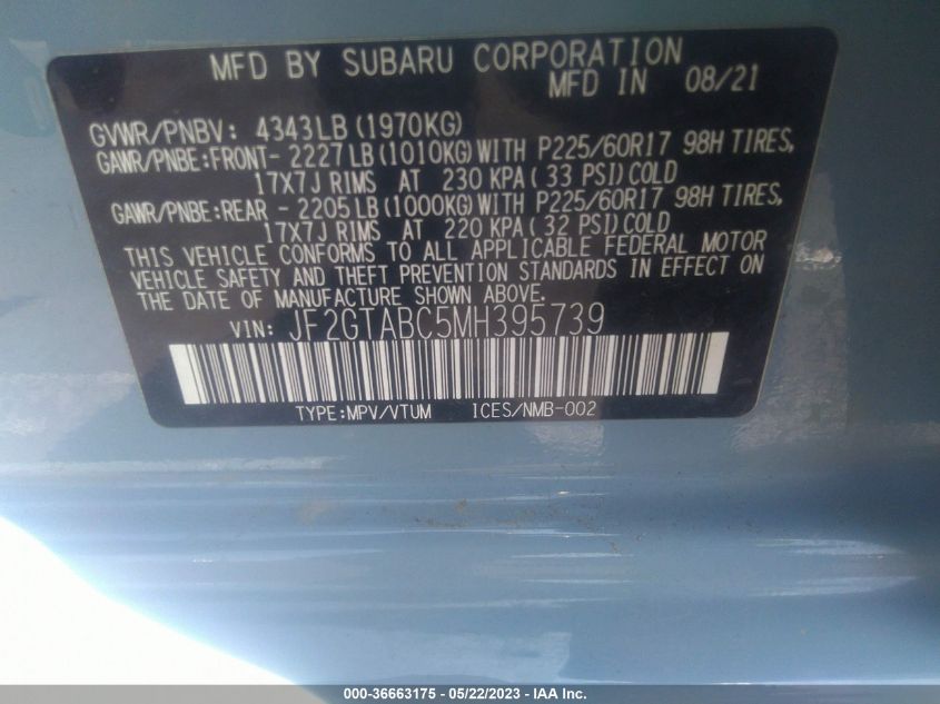 2021 SUBARU CROSSTREK - JF2GTABC5MH395739