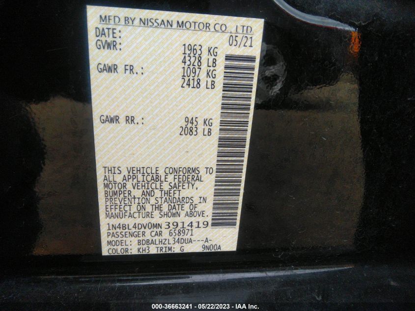 2021 NISSAN ALTIMA 2.5 SV - 1N4BL4DV0MN391419