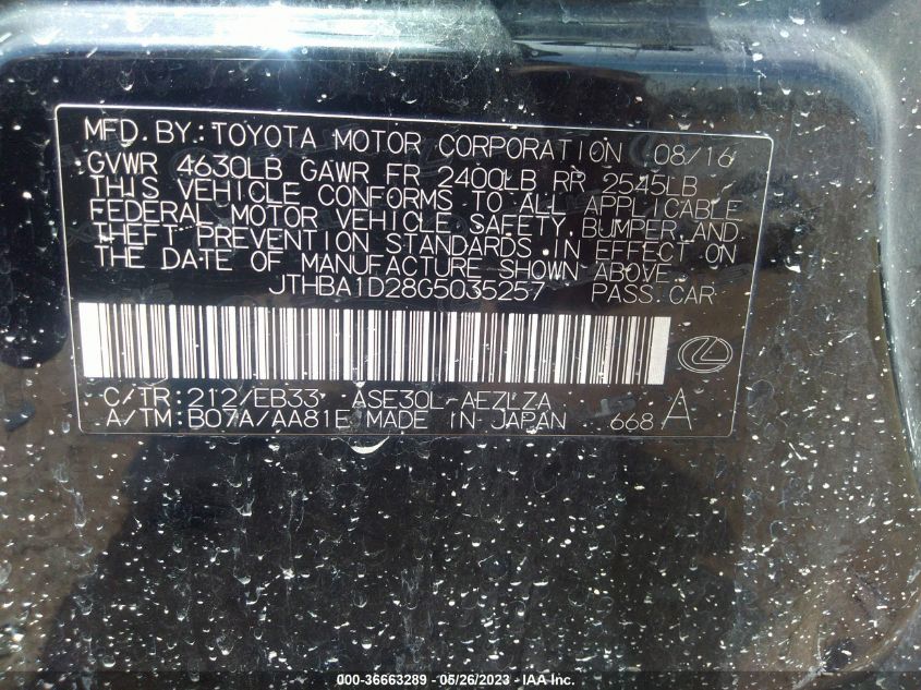 2016 LEXUS IS 200T - JTHBA1D28G5035257