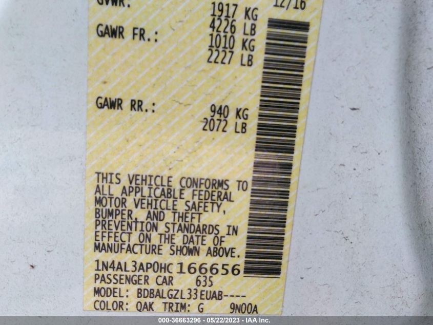 2017 NISSAN ALTIMA 2.5 S - 1N4AL3AP0HC166656