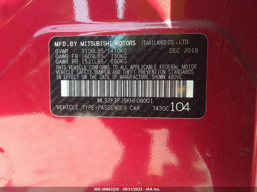 2019 MITSUBISHI MIRAGE G4 ES/RF - ML32F3FJ5KHF08001