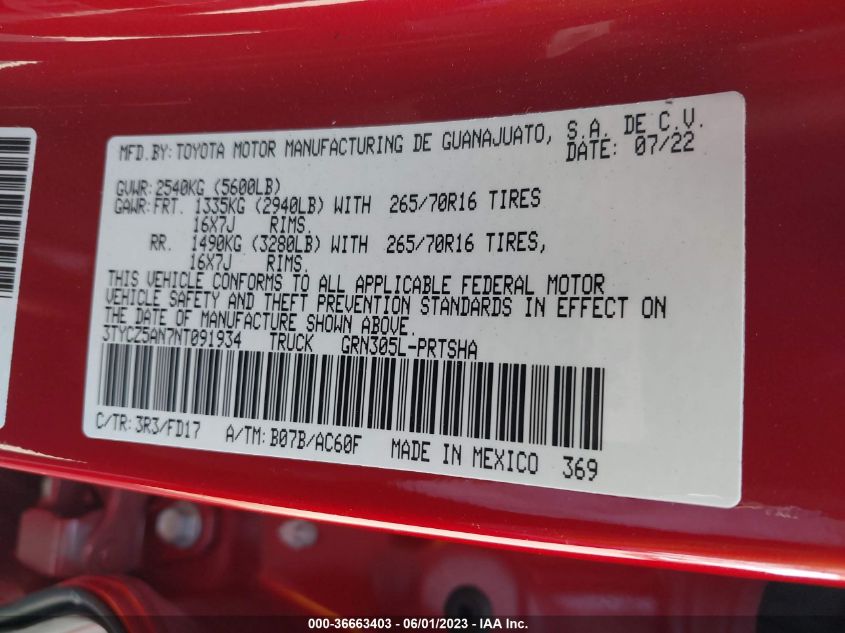 2022 TOYOTA TACOMA 4WD SR/SR5/TRD SPORT - 3TYCZ5AN7NT091934
