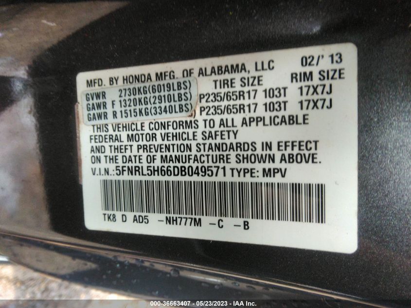 2013 HONDA ODYSSEY EX-L - 5FNRL5H66DB049571