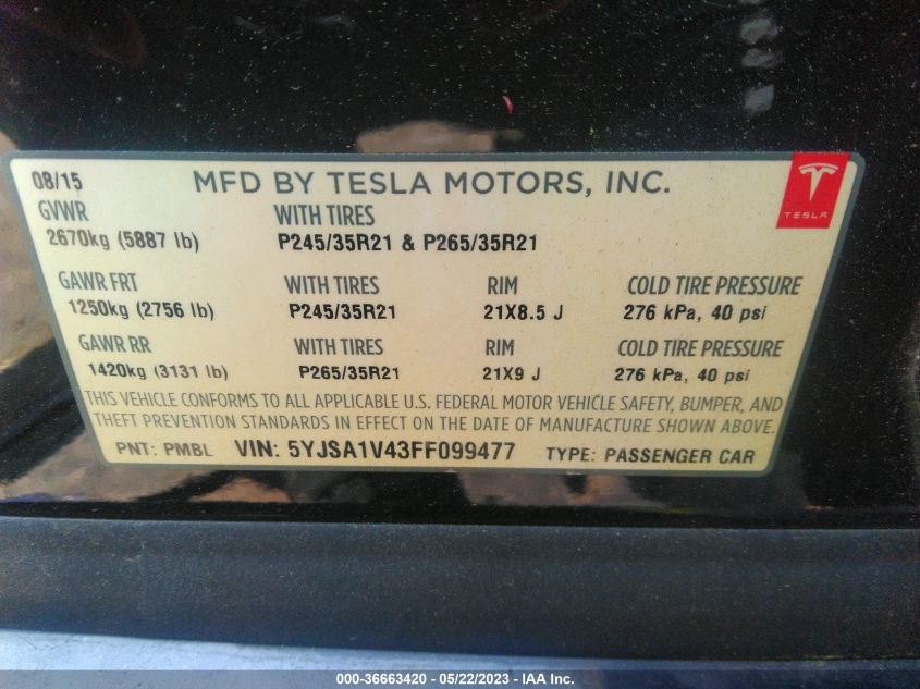 2015 TESLA MODEL S P85D/90D/P90D - 5YJSA1V43FF099477