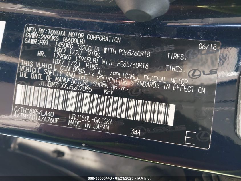 2018 LEXUS GX GX 460 JTJBM7FXXJ5207085