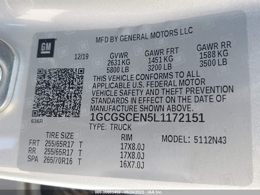VIN 1GCGSCEN5L1172151 2020 CHEVROLET COLORADO 2WD LT