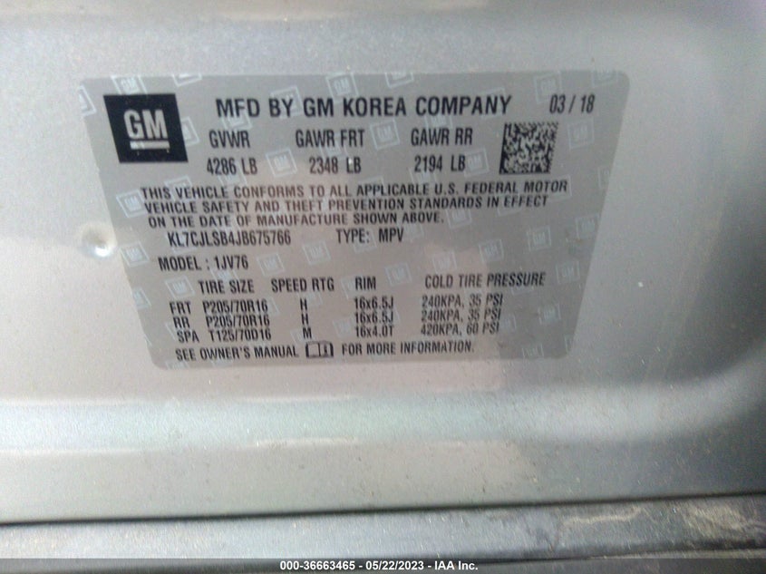 VIN KL7CJLSB4JB675766 2018 CHEVROLET TRAX LT