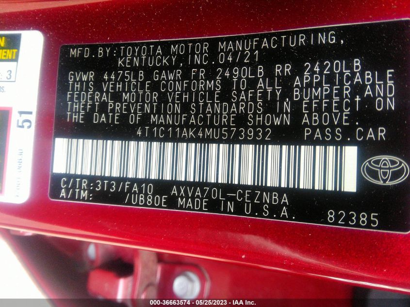 2021 TOYOTA CAMRY LE - 4T1C11AK4MU573932