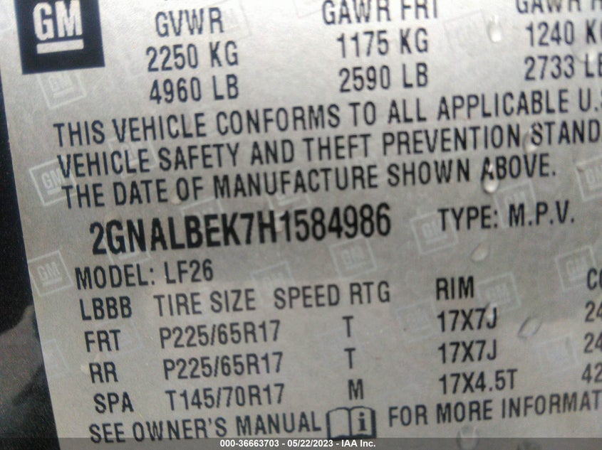 VIN 2GNALBEK7H1584986 2017 CHEVROLET EQUINOX LS