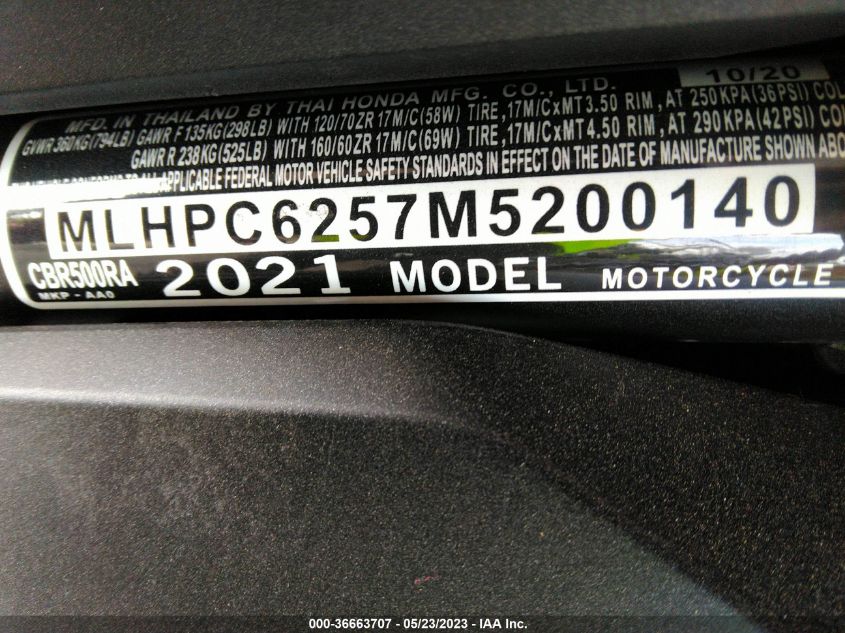 2021 HONDA CBR500 RA - MLHPC6257M5200140