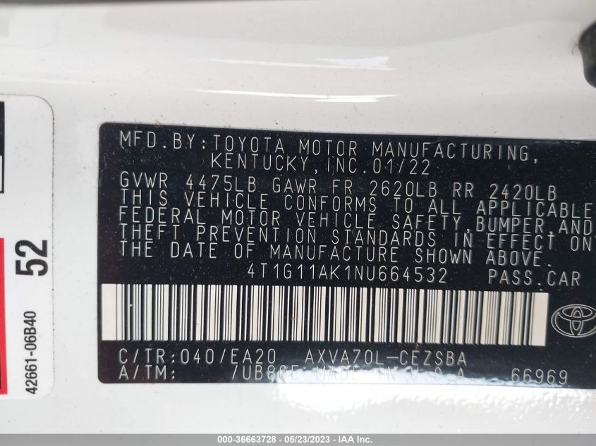 2022 TOYOTA CAMRY SE - 4T1G11AK1NU664532