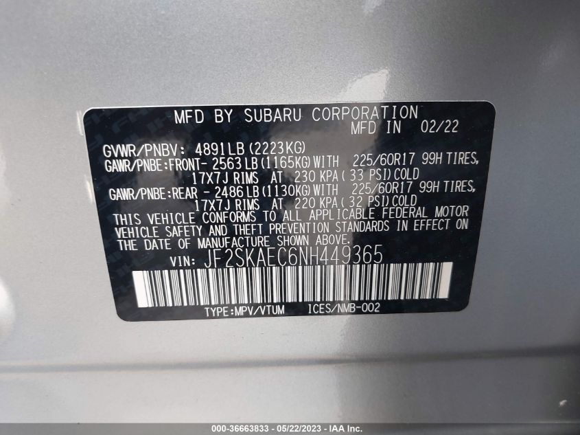 2022 SUBARU FORESTER PREMIUM - JF2SKAEC6NH449365