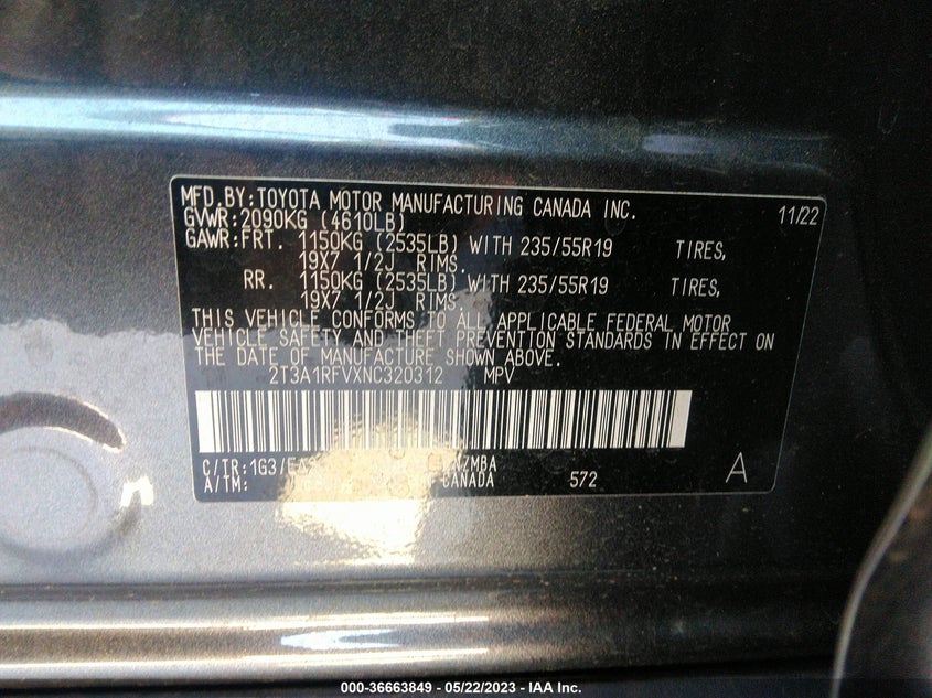 VIN 2T3A1RFVXNC320312 2022 TOYOTA RAV4 XLE PREMIUM