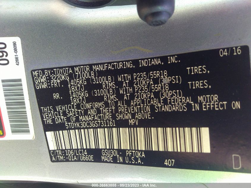2016 TOYOTA SIENNA XLE/XLE AAS/LTD - 5TDYK3DC3GS731161