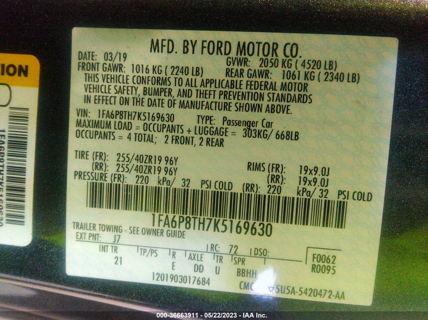 VIN 1FA6P8TH7K5169630 2019 FORD MUSTANG ECOBOOST