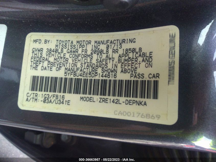 2013 TOYOTA COROLLA L/LE/S - 5YFBU4EE5DP144616