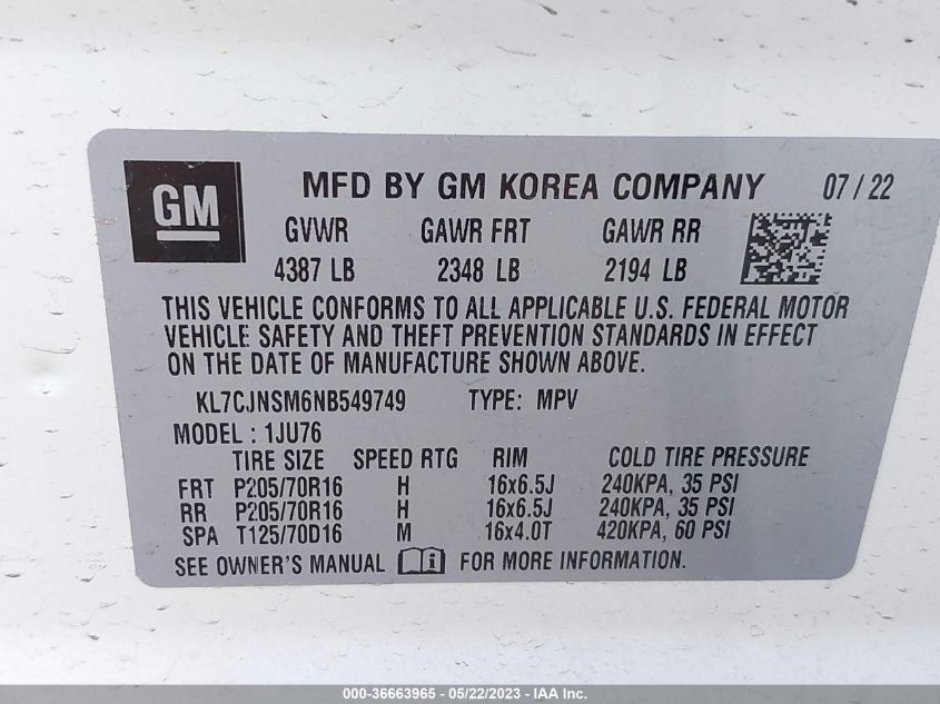 2022 CHEVROLET TRAX LS - KL7CJNSM6NB549749