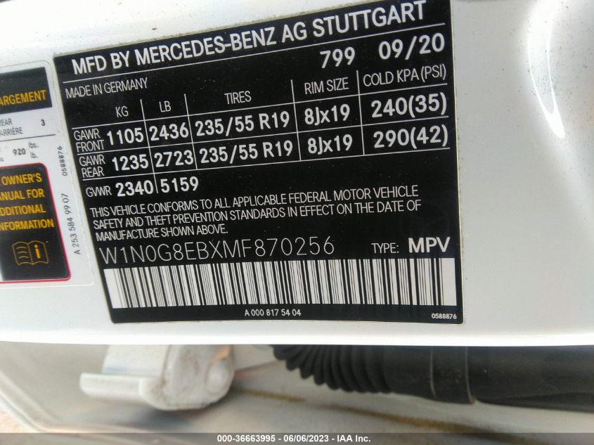 2021 MERCEDES-BENZ GLC GLC 300 - W1N0G8EBXMF870256