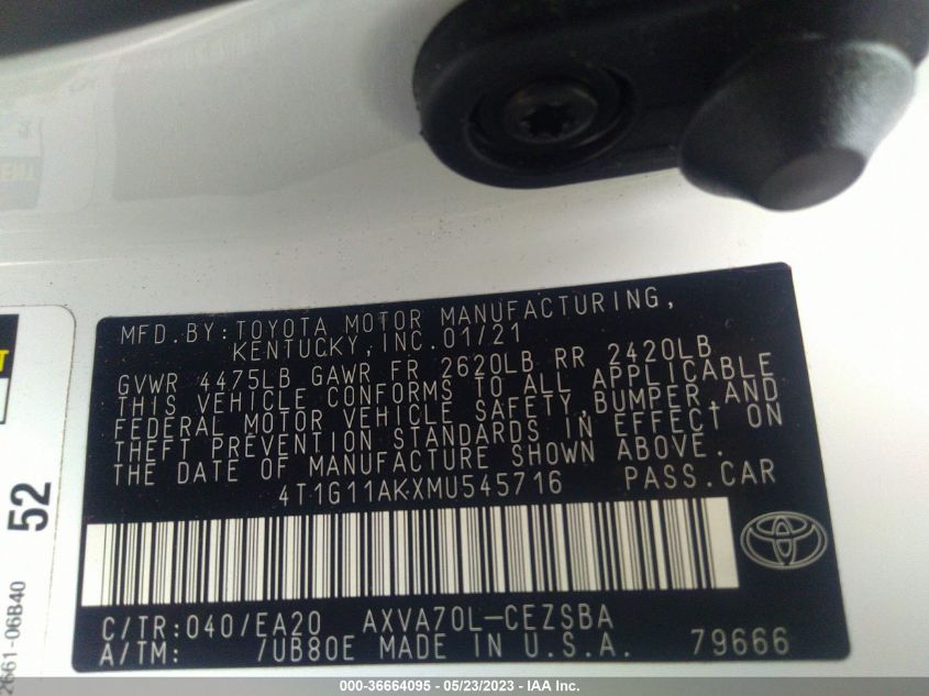 2021 TOYOTA CAMRY SE - 4T1G11AKXMU545716